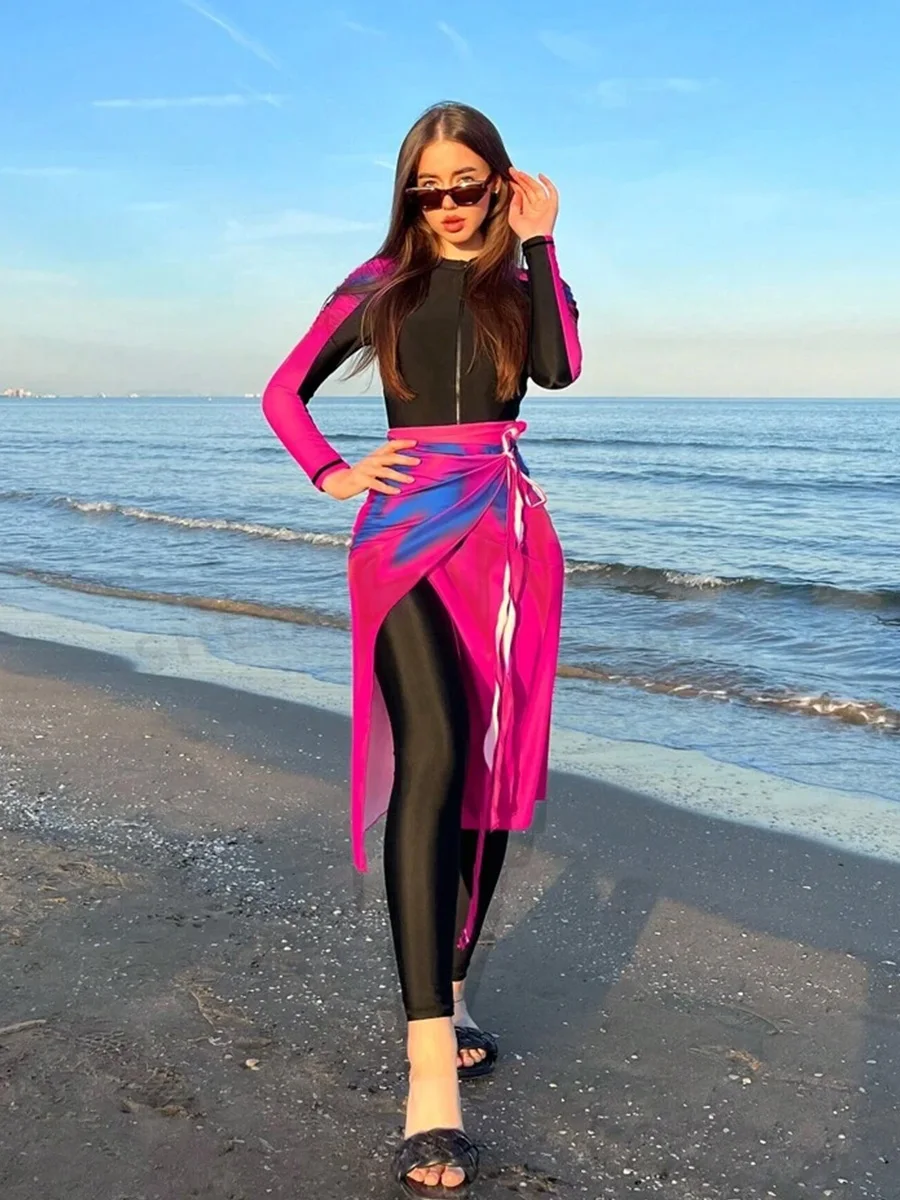 4PCS/Set Modest Burkini Femmes Swimming Suit Muslim Swimwear Women Long Sleeve Sport Swimsuit Islamic Wear Contain Hijab