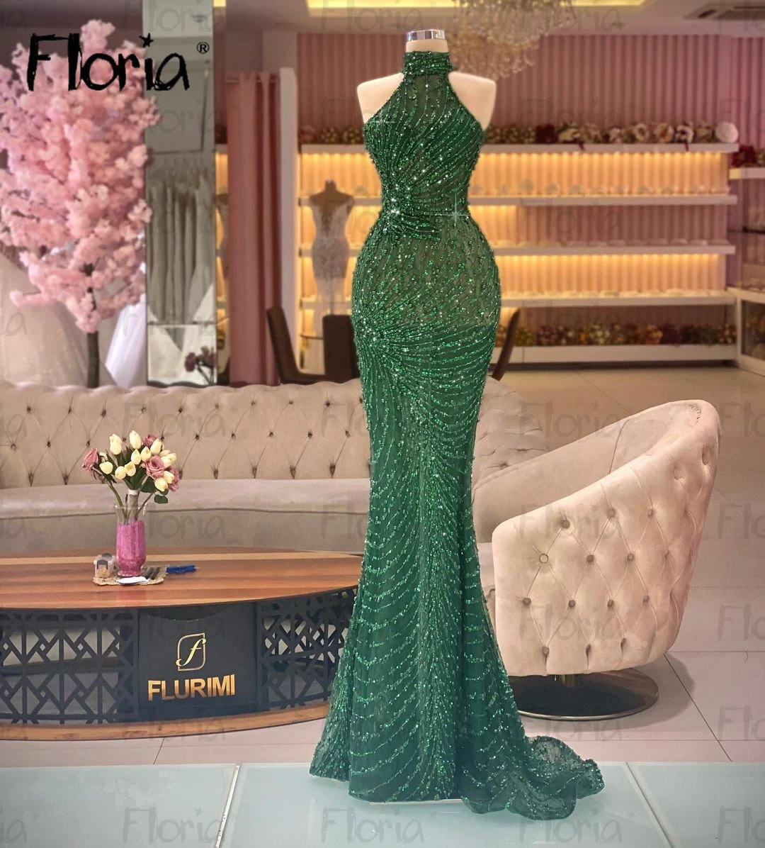 

Floria Emerald Green Mermaid Party Dress High Neck Sleeveless Beading Formal Occasion Dresses Arabic Pearls Cocktail Dress فساتي