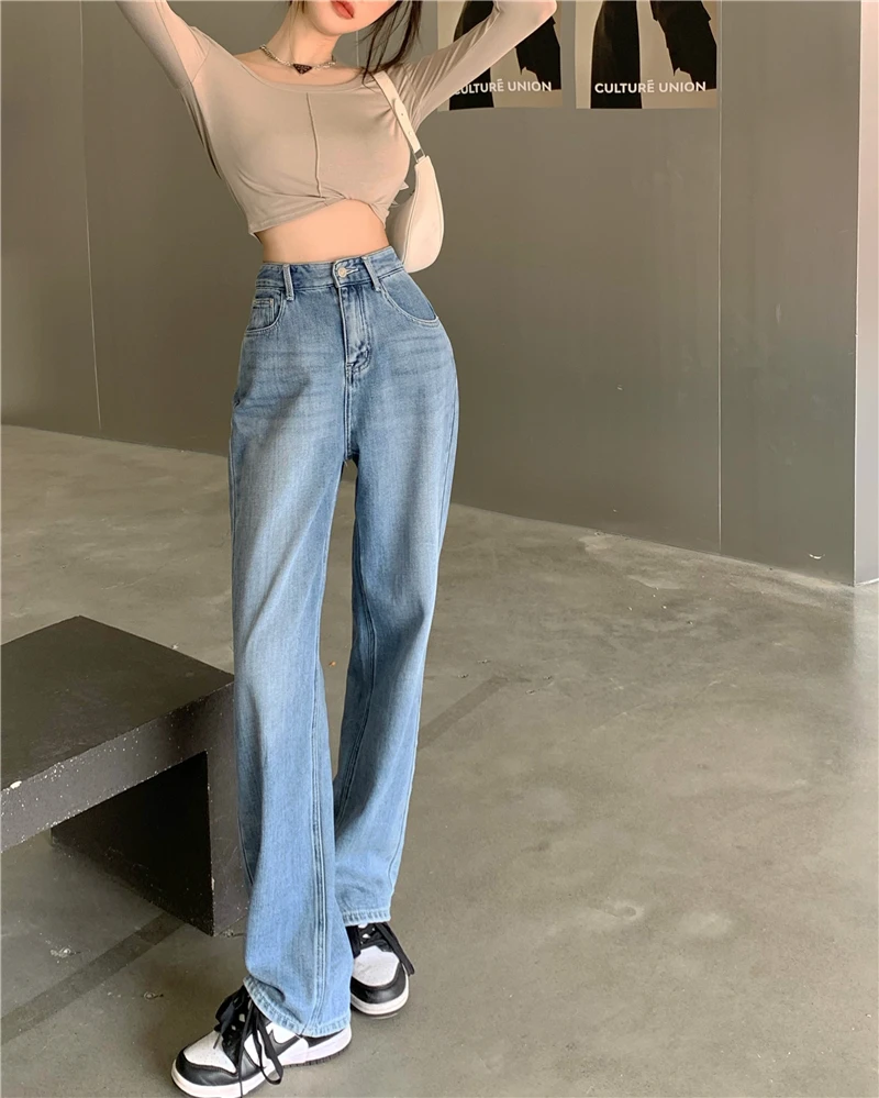 Spring Autumn High Waist Straight Loose Jeans For Women Streetwear Casual Wide Leg Denim Pants Lady Pale Blue Jeans Trousers