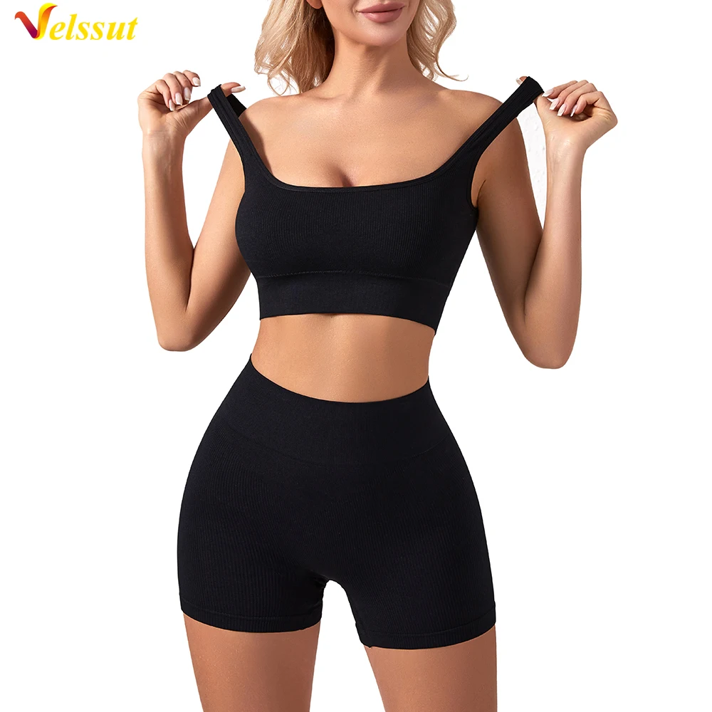 

Velssut Seamless Yoga Set Gym Suit Women's Short 2 Pieces Sets Sport Bra and Shorts Fitness Clothing Running Workout Outfit
