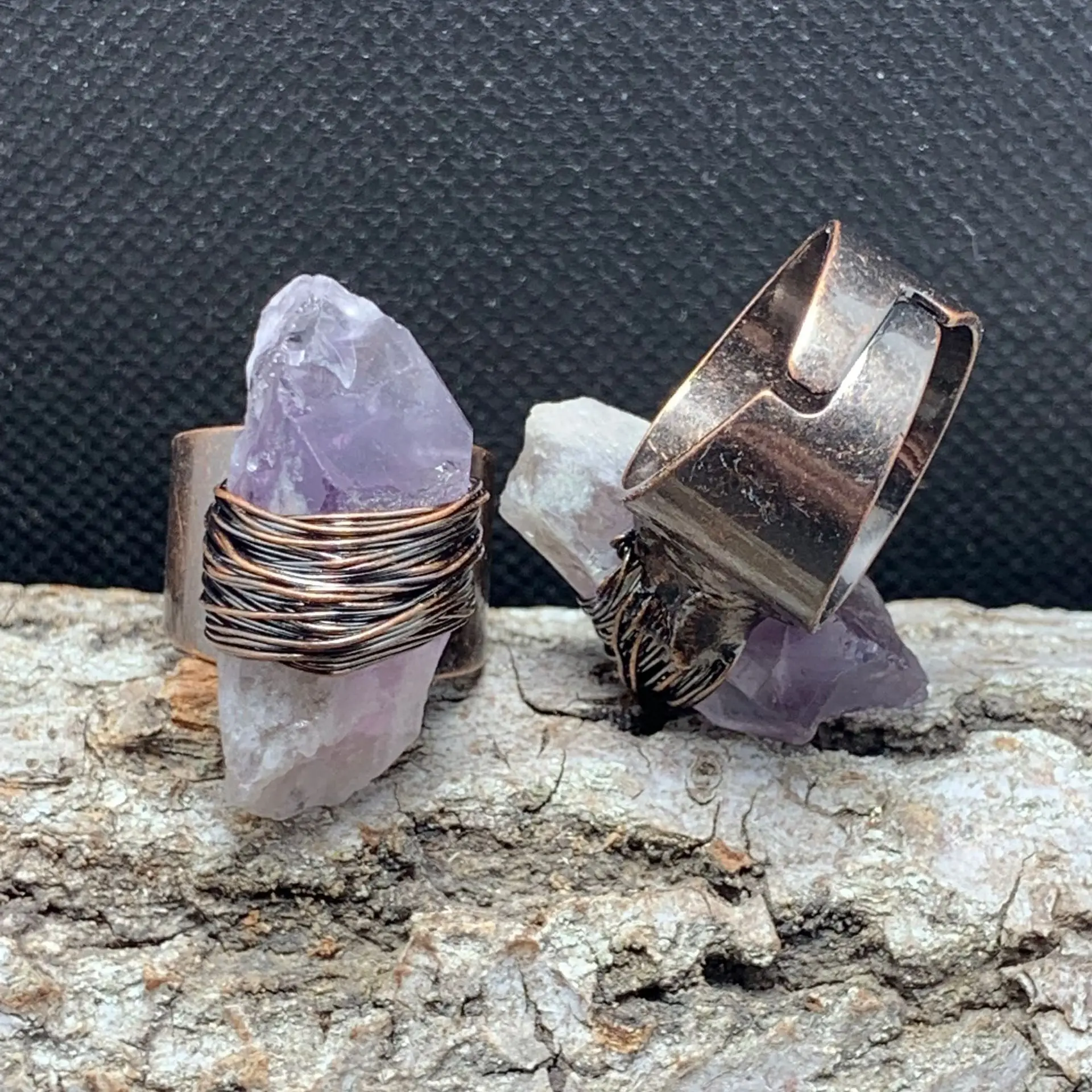 

Vintage Natural Light Amethyst Pillar Amorphous Original Stone Wire Wrapped Bronze Plated Open Adjustable Ring
