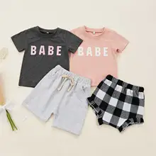 

Summer Baby Boys Girls Clothing Two-Piece Suit Letter Print Short Sleeve Round Neck Tops Boy Pocket Shorts Girl Plaid Shorts