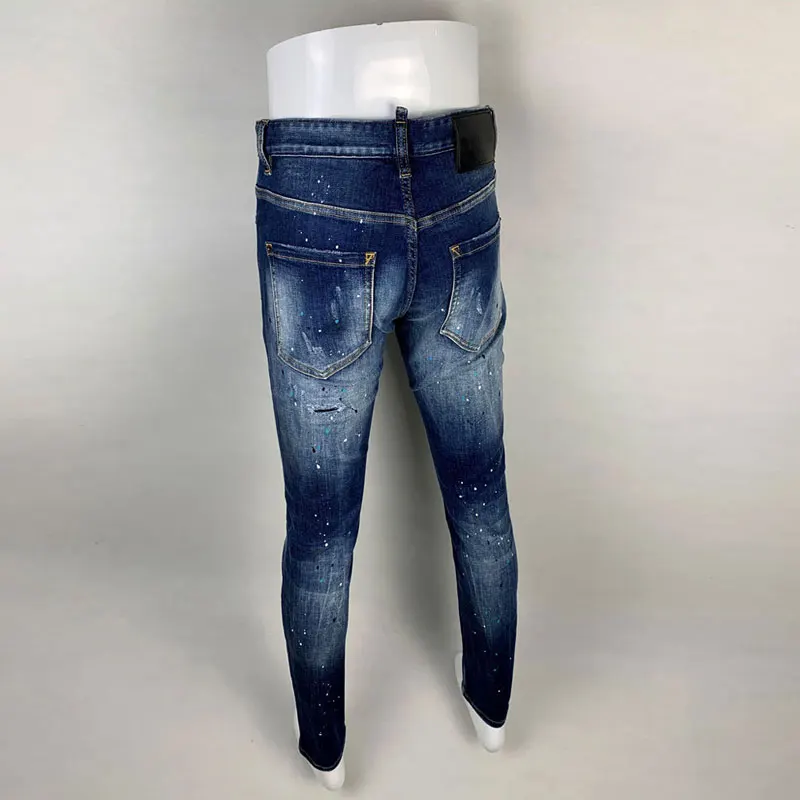 High Street Fashion Men Jeans Retro Blue Stretch Skinny Fit Hole Ripped Jeans Men Painted Designer Hip Hop Brand Pants Hombre