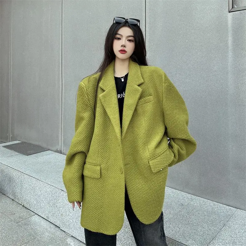 

Women's British Style Short Style Thickened Shoulder Pad Woolen Blazer Retro Casual Loose Solid Herringbone Pattern Woolen Coat