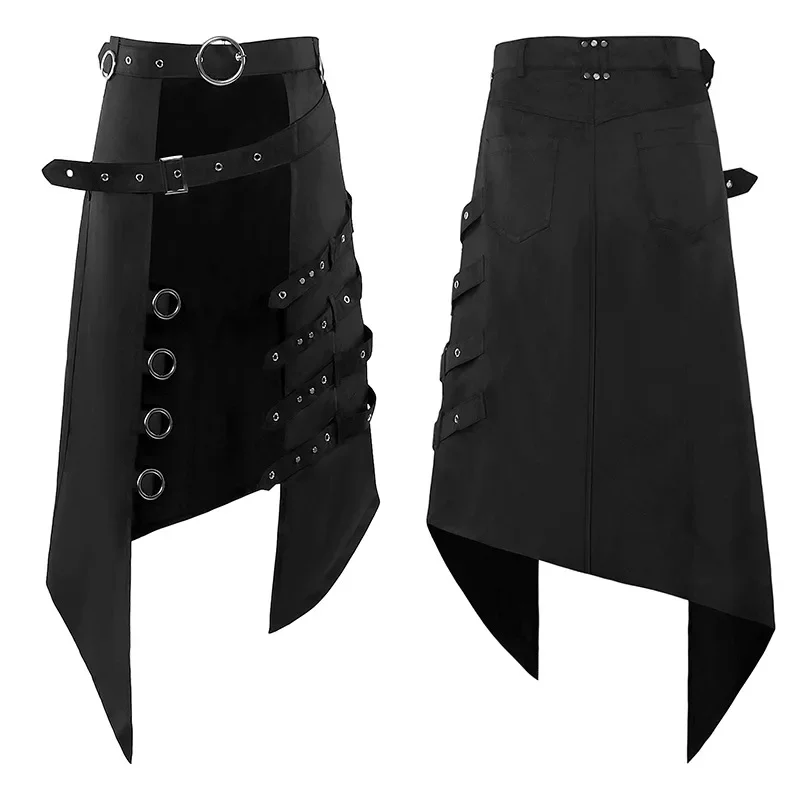 

Cosplay Punk Pleated Skirt Men's Gothic Leather Belt Medieval Roman Warrior Kilt Metal Chian Asymmetry Black Halloween Costume