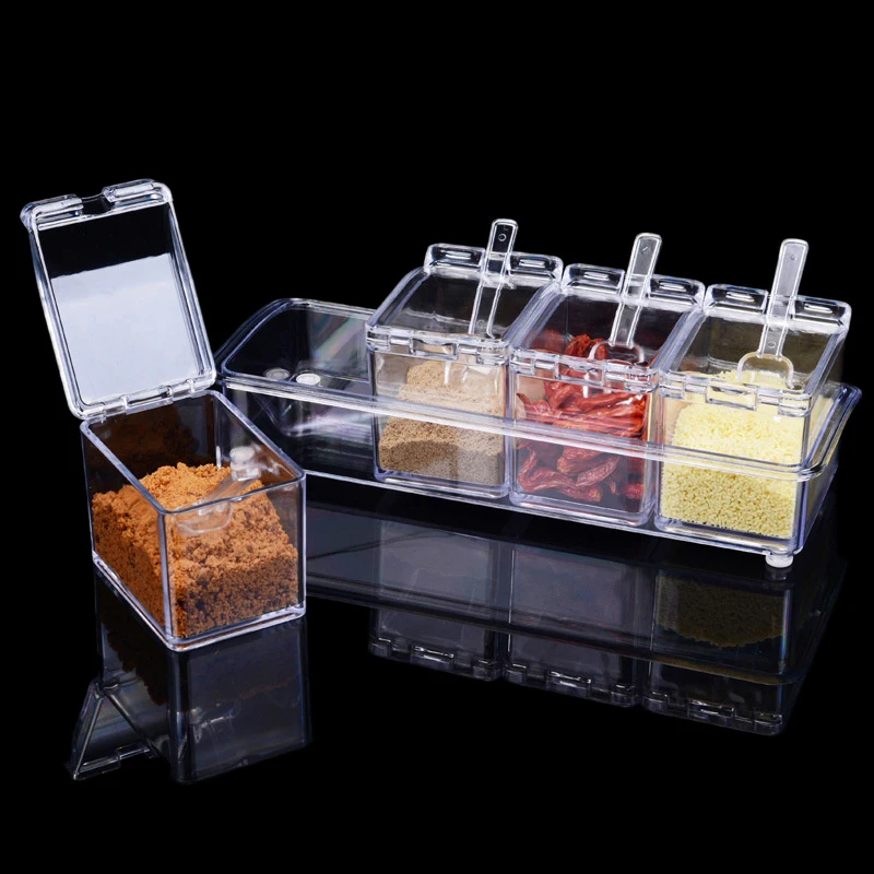 

4 Grids Transparent Acrylic Seasoning Box Spice Seasoning Jar Muti-function Sugar Salt Bottle Kitchen Accessories Spice Bottle