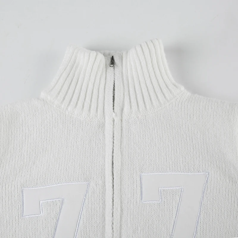Women Letter Print Slim Zipper Sweater Turtleneck White Basic Long Sleeve Knitted Cardigan Coat Autumn Winter Outfits