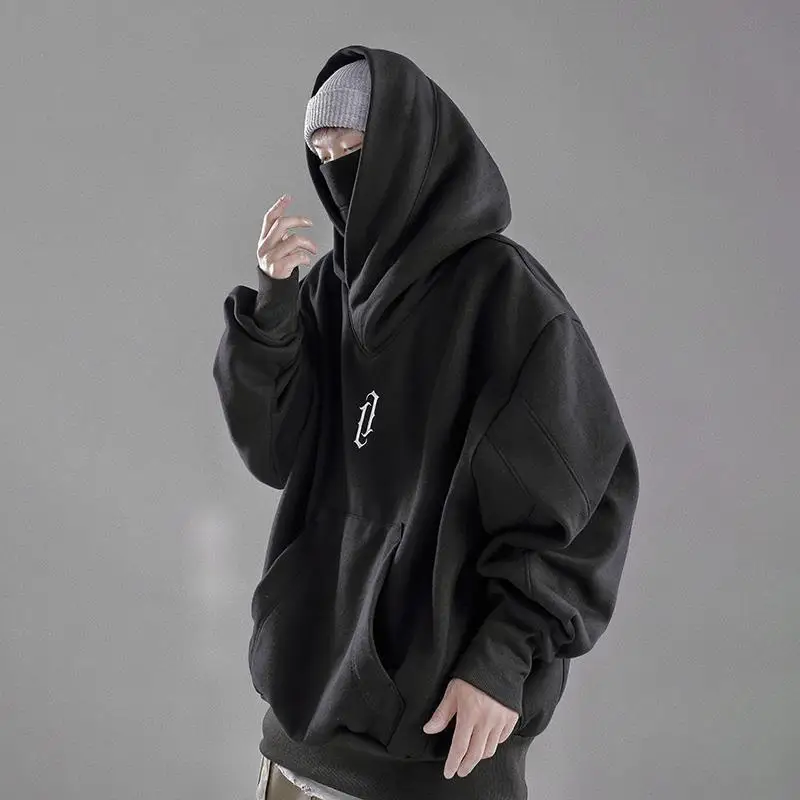 QWEEK Hooded Sweatshirts Gothic Harajuku Pullover Hiphop Black Hoodie Oversize BF Style Dark Turtleneck Casual Punk Clothes Cool