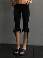 Women Capri Pants Solid Color Elastic Waist Tie-Up Summer Casual Cropped Pants Stretch Crop Leggings