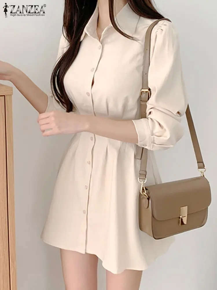 

ZANZEA Women Shirtdress Korean Style Lapel Neck Cinched Waist Fashion Mini Dress Office Wear Casual A-line Vestidos Elegant Robe