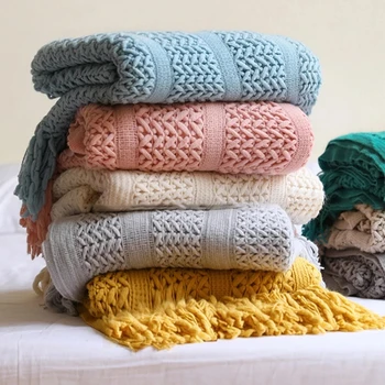 Nordic Crocheted Blanket Travel Blankets Khaki Sofa Bed Throw Blanket Tassels Air Conditioner Blankets Hollow Plaid Drop ship 2