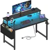 Black Gaming Desk with LED Lights and Power Outlets, 40 Inch Teen Writing Study Table Home Office Desks with Monitor Stand 1