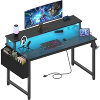 Black Gaming Desk with LED Lights and Power Outlets, 40 Inch Teen Writing Study Table Home Office Desks with Monitor Stand 1