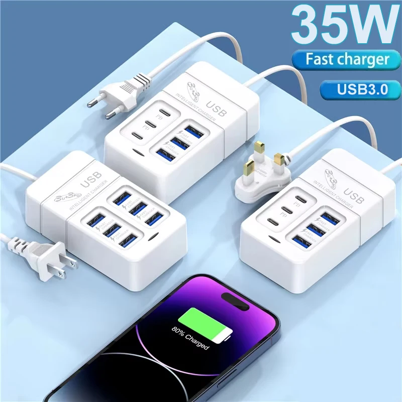 6Ports Multiport USB Charger 35W PD Type-C Mobile Phone Fast Charge Quick Type C Wall Plug Adapter EU US Plug