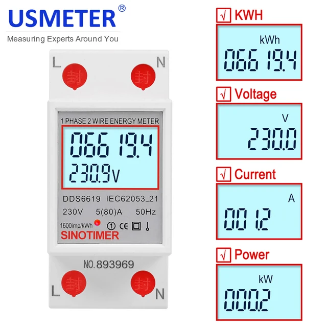 단상 2 와이어 LCD 디지털 디스플레이 전력계, 전력 소비 에너지 계량기, 전기 Din 레일, KWh, AC 230V, 50Hz