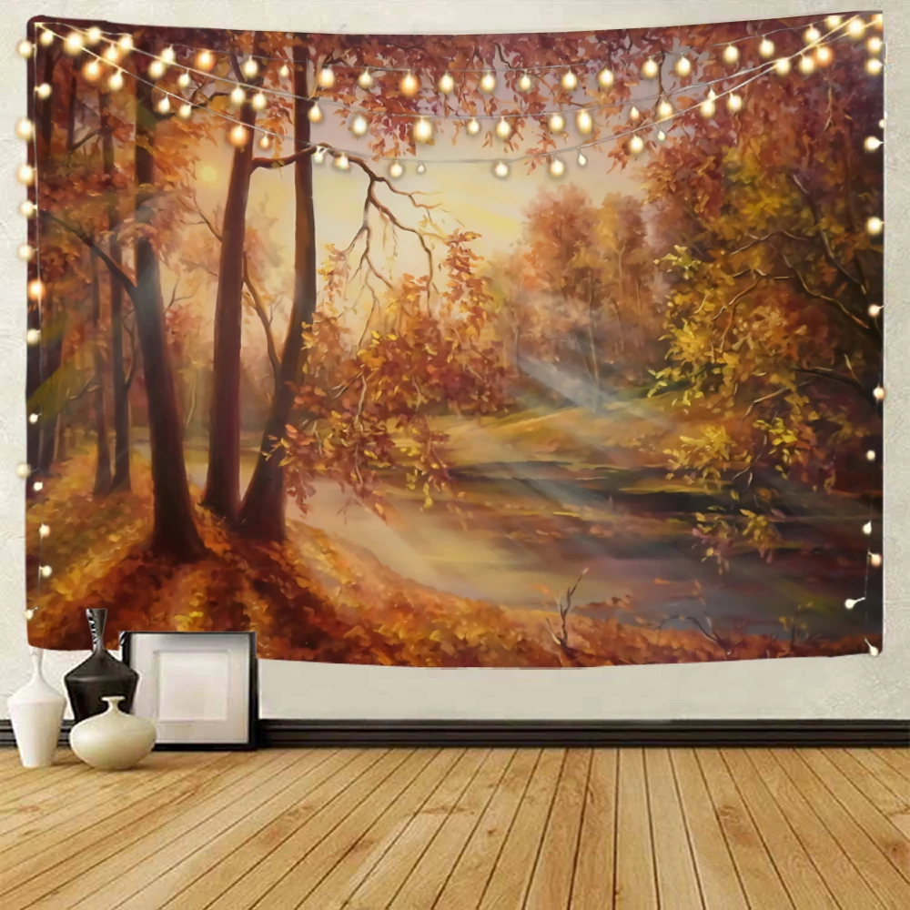 Beautiful forest and river scenery decoration tapestry, forest and creek illustration background decoration tapestry