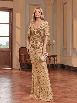 فساتين سهرة أنيقة برقبة على شكل V للنساء بأكمام قصيرة حورية البحر رسمية فاخرة لحفلات الزفاف والحفلات الراقصة