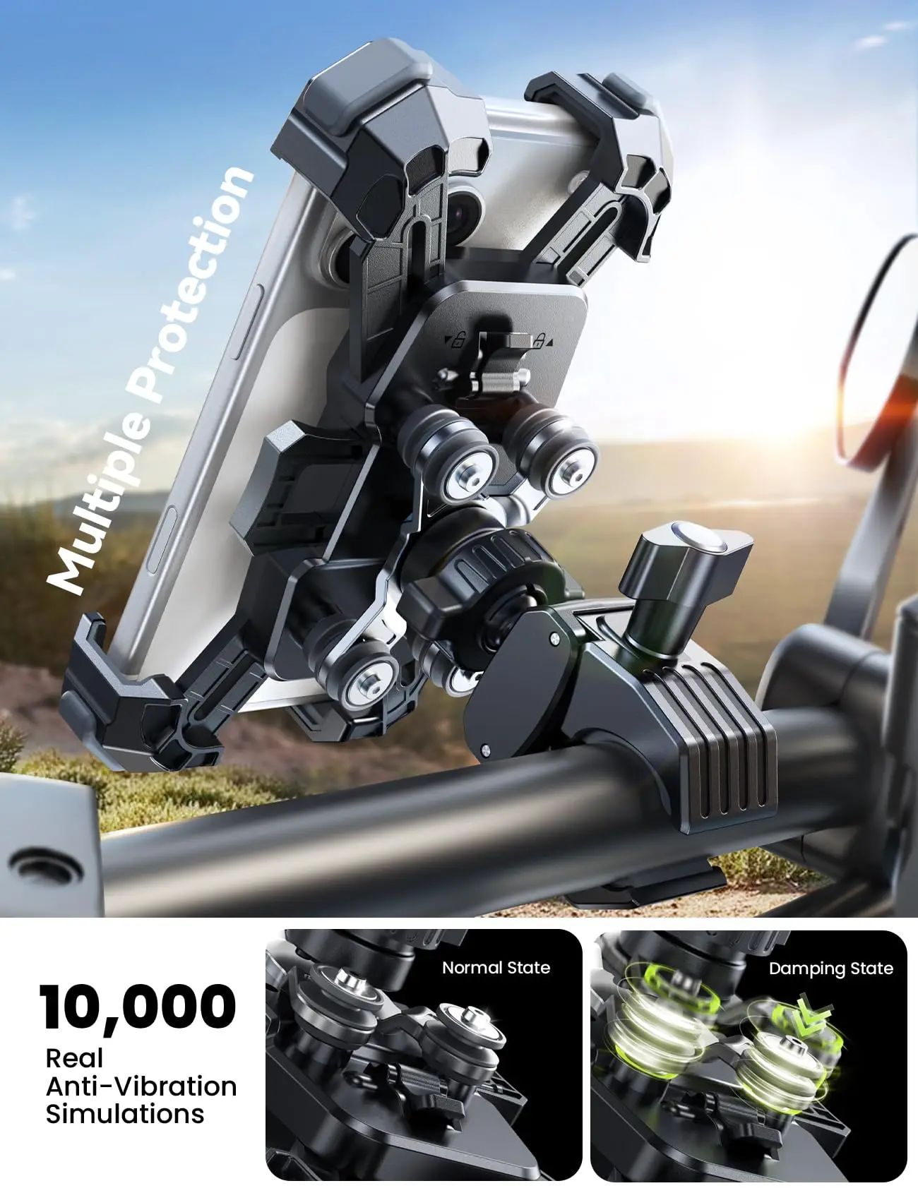 Universal Motorcycle Phone Mount Holder - Dual Vibration Dampener, Accommodates Large Devices