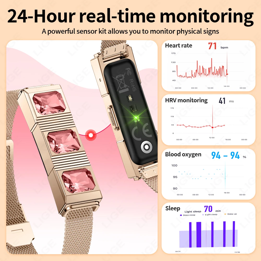 Fashion Rhinestone Smart Bracelet Health Tracker Sleep Heart Rate Monitor Sport Band Smart Watch 1ATM Waterproof For Android IOS