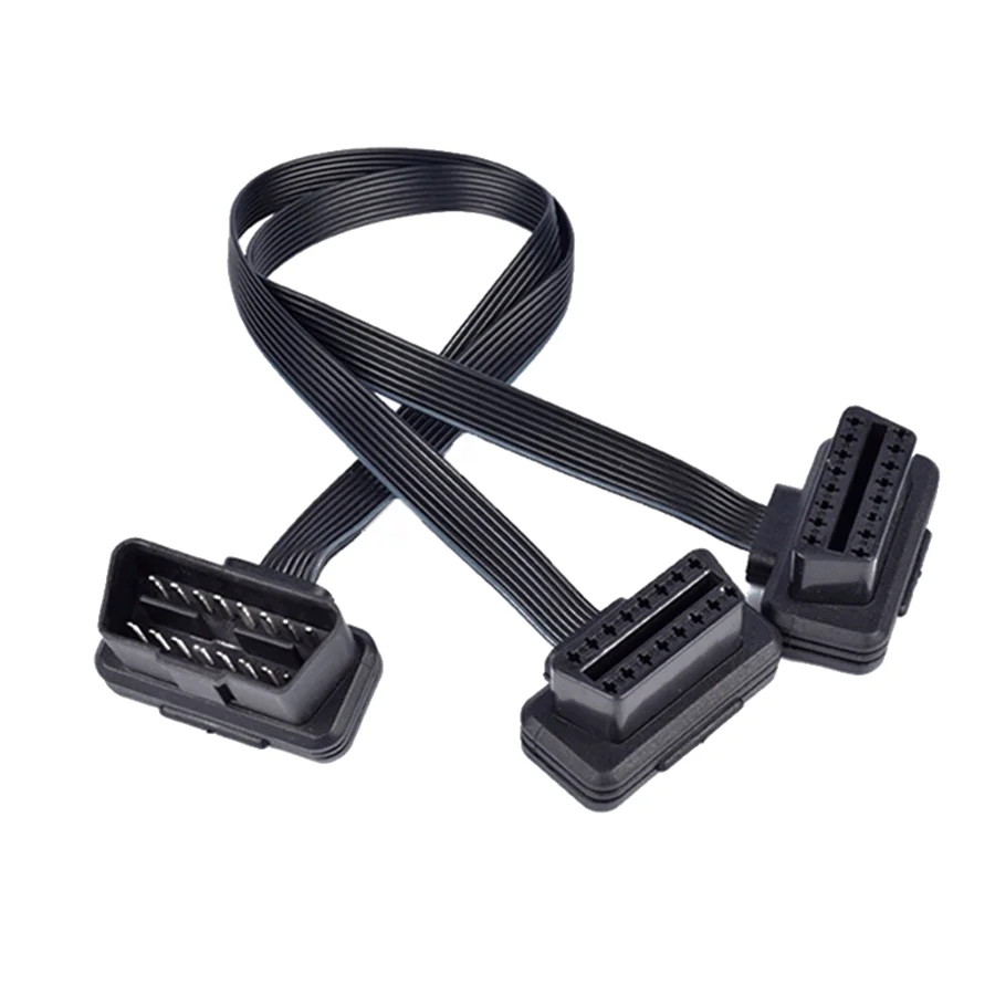 Obd2 Extension Cable Flat+Thin 16Pin OBD 2 Extender OBD2 16 Pin ELM327 Male To Dual Female Y Splitter Elbow OBDII Extension Connector Cable
