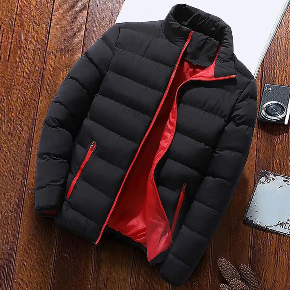 

Full Zipper Coat Winter Men's Padded Coat Thick Windproof Warm Jacket with Stand Collar Zipper Closure Men Winter Outerwear