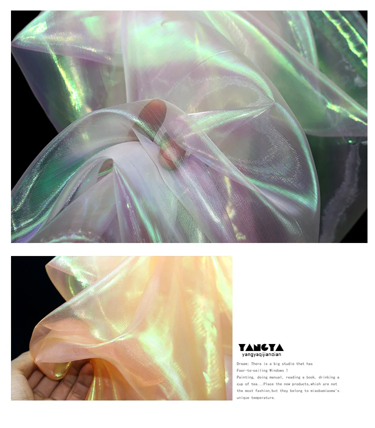 Description Picture 4 of item150cm*50cm designer Fluorescent Fabrics Colorful Shiny Gauze Fabric Stage Wedding Decor Voile Transparent Holographic Fabric