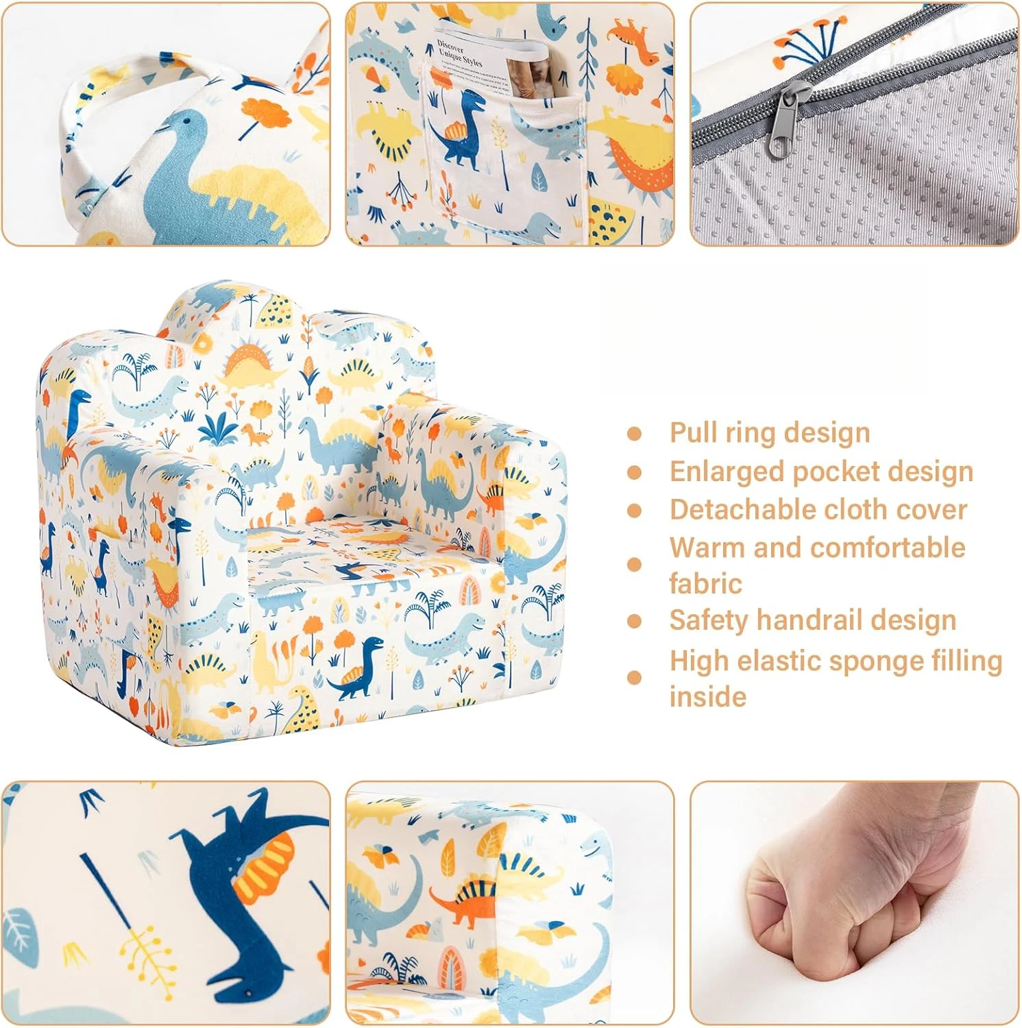 Cloud-Like Comfy Printed Kids Sofa Toddler Reading Chair with Washable Cover Carrying Handle 4