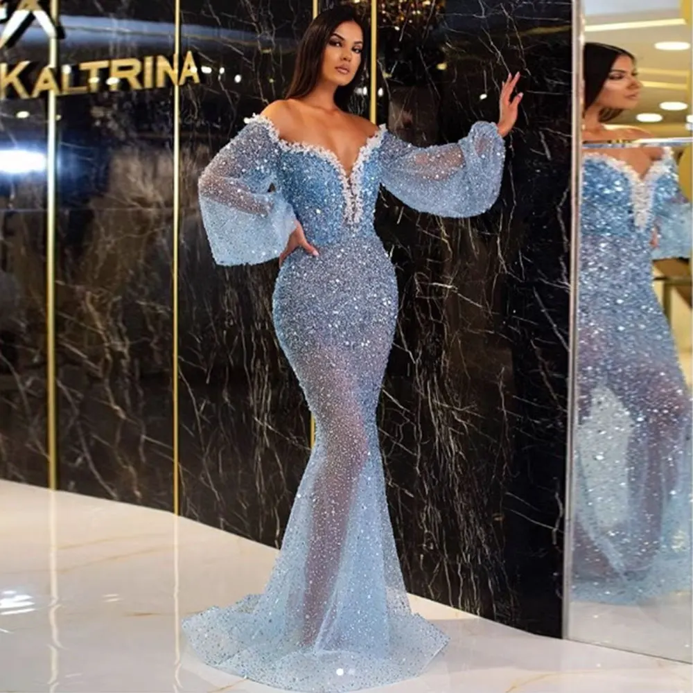 Mermaid Off-The-Shoulder Sequin Slate Blue Floor-Length Evening Dress