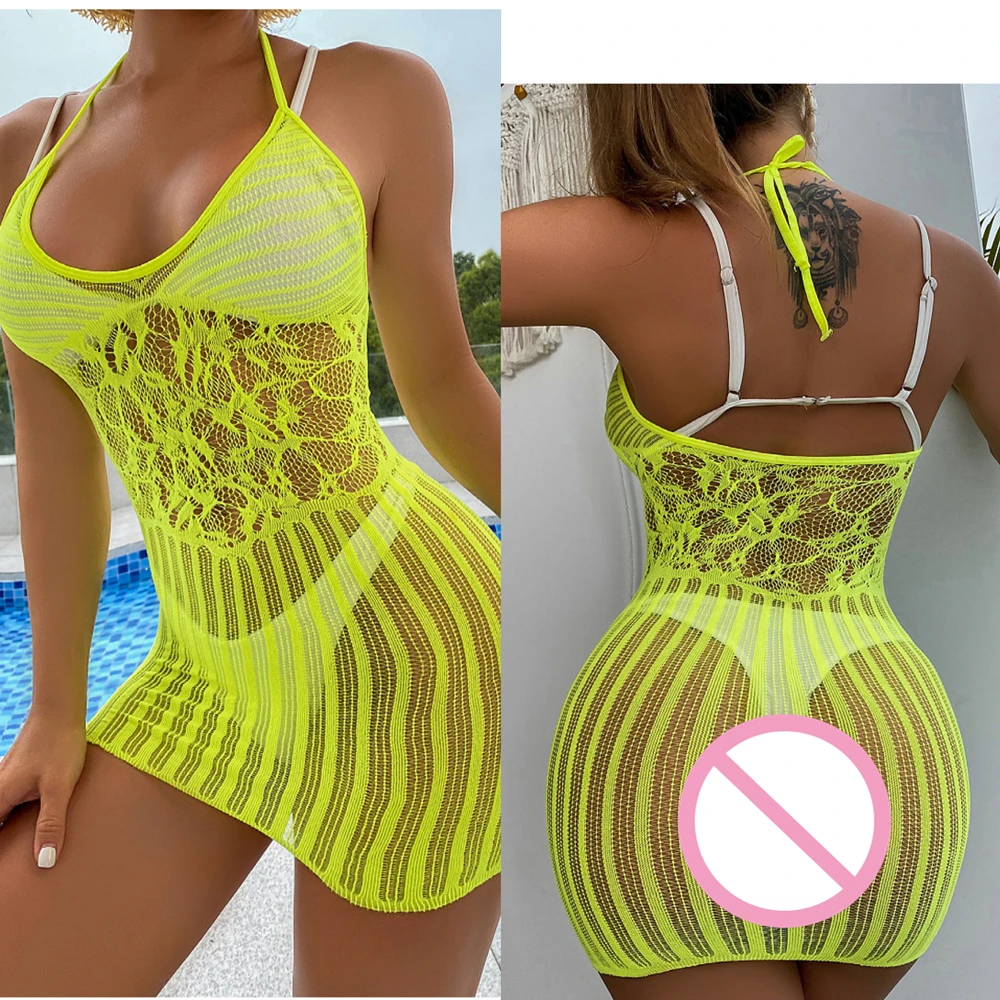 

Sexy Mesh Hollow Out Dresses For Women Bodycon Fishnet See Through Elastic Mini Beach Dress Erotic Nightwear Underwear Costume