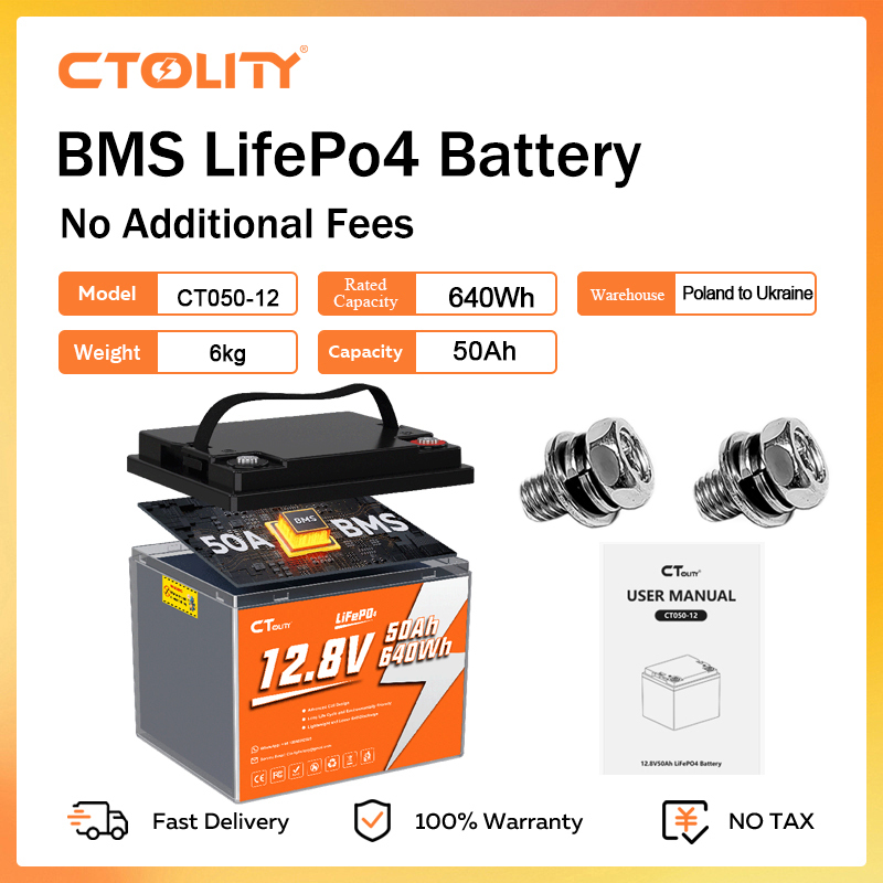CTOLITY 50Ah Lifepo4 Battery 25.6V 640Wh Rechargeable Battery 4000+ Cycle 50A BMS Solar Generator Energy Storage Supply Home
