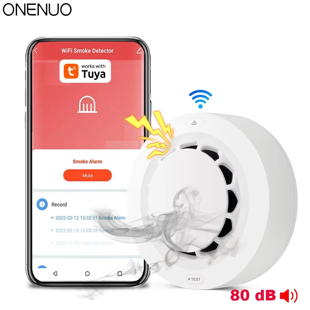 ONENUO Tuya WiFi เครื่องตรวจจับควัน Photoelectric Sensor Fire Alarm Home Kitchen Security System ทํางานร่วมกับ Smart Life APP 1