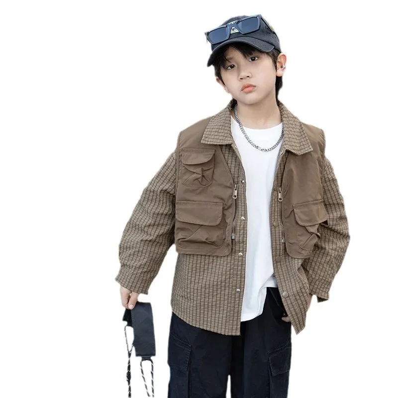 Cool Trendy Boys Long Sleeve Shirt Set Autumn Workwear Vest Two Piece Set Children's Clothing Toddler Kids Boy Fashionable Outfi