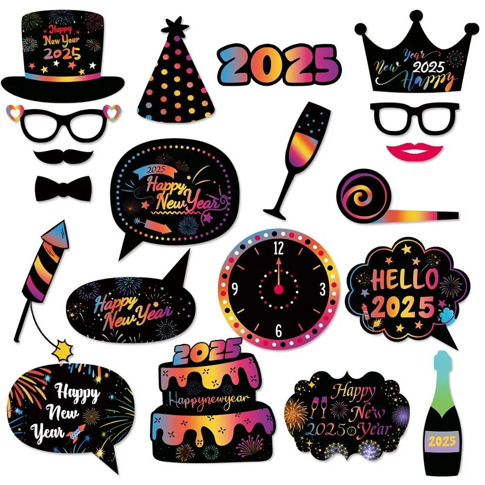 20pcs Cartoon 2025 New Year Photo Booth Props Paper Colorful Photo Dress Up Props Blessing DIY Happy New Year Decor