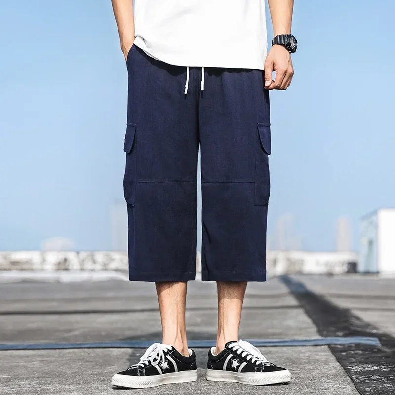 

Мужские летние брюки в японском стиле, повседневные широкие брюки, однотонные мужские юката, укороченные брюки, модель 10786