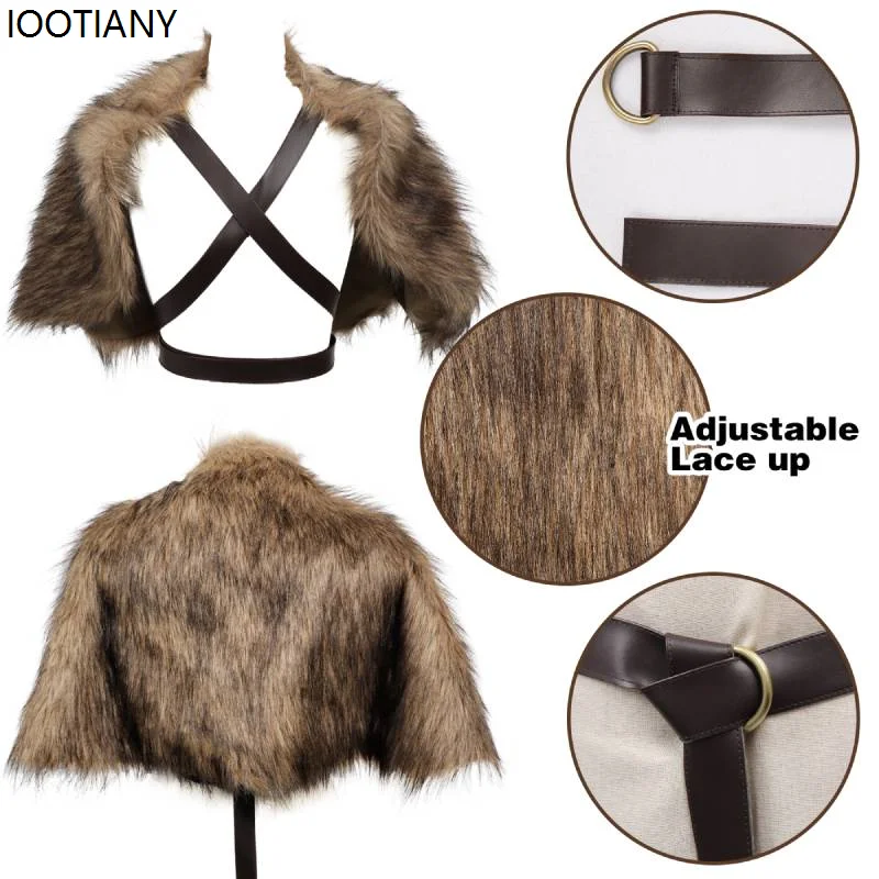 IOOTIANY Halloween Barbarian Cosplay Shoulder Cloak Chest Strap Medieval Men Viking Fur Cape Faux Fur Cape Scarf