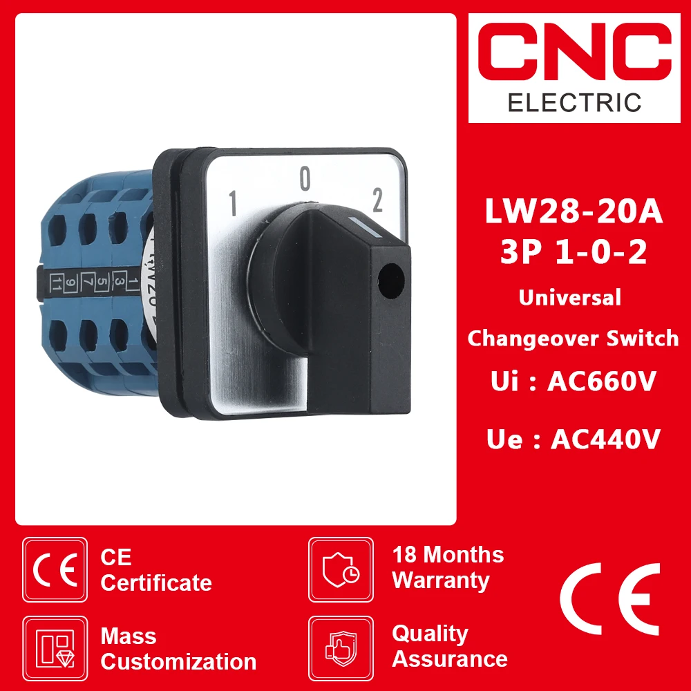CNC LW28-20 1-0-2 Selector Rotary Switch 5-20A 220V Universal Changeover Switch 3Position 3Knots Electric Motor Reversing