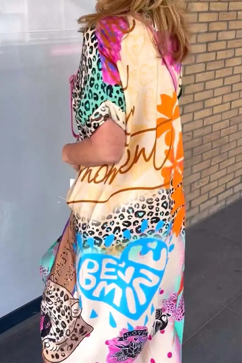 Leopard Print Patchwork Dresses Women V-neck Short Sleeves Pocket Loose Slit Midi Dress Fashion Casual Lady Vestidos Summer New