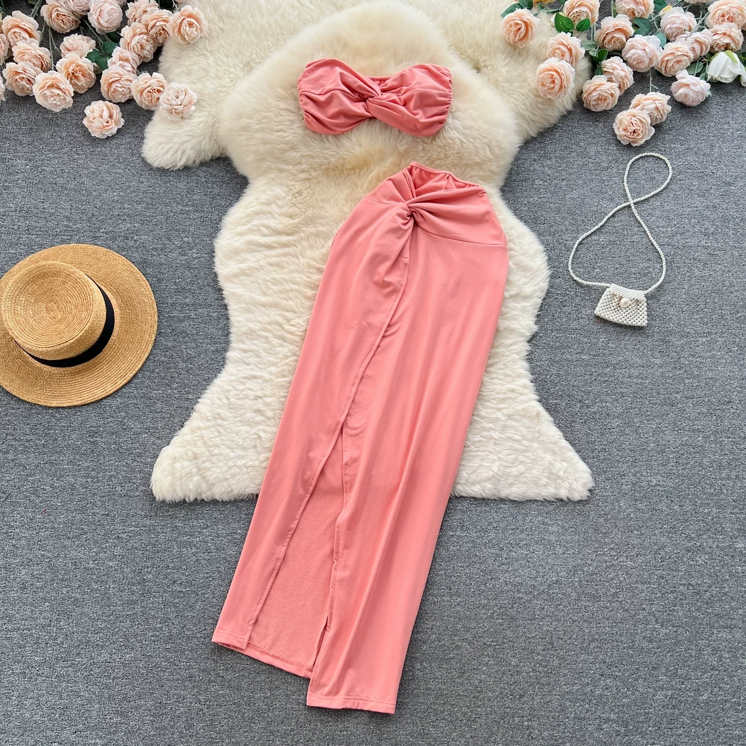 

Модный трендовый сексуальный облегающий костюм ZOCI, топ без рукавов и бретелек + длинная юбка с эластичным поясом и разрезом, летние женские комплекты из двух предметов