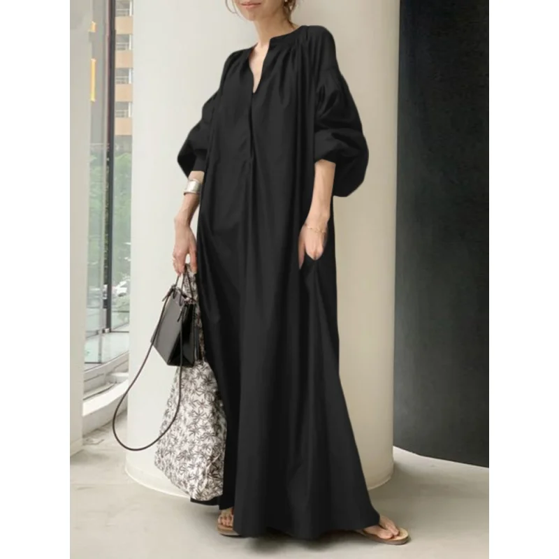 

2023 Women's New Summer Dress Korean Fashion V-Ne Loose Solid Color Simple Fashion Casual Vintage Long Dress Streetwear Robe