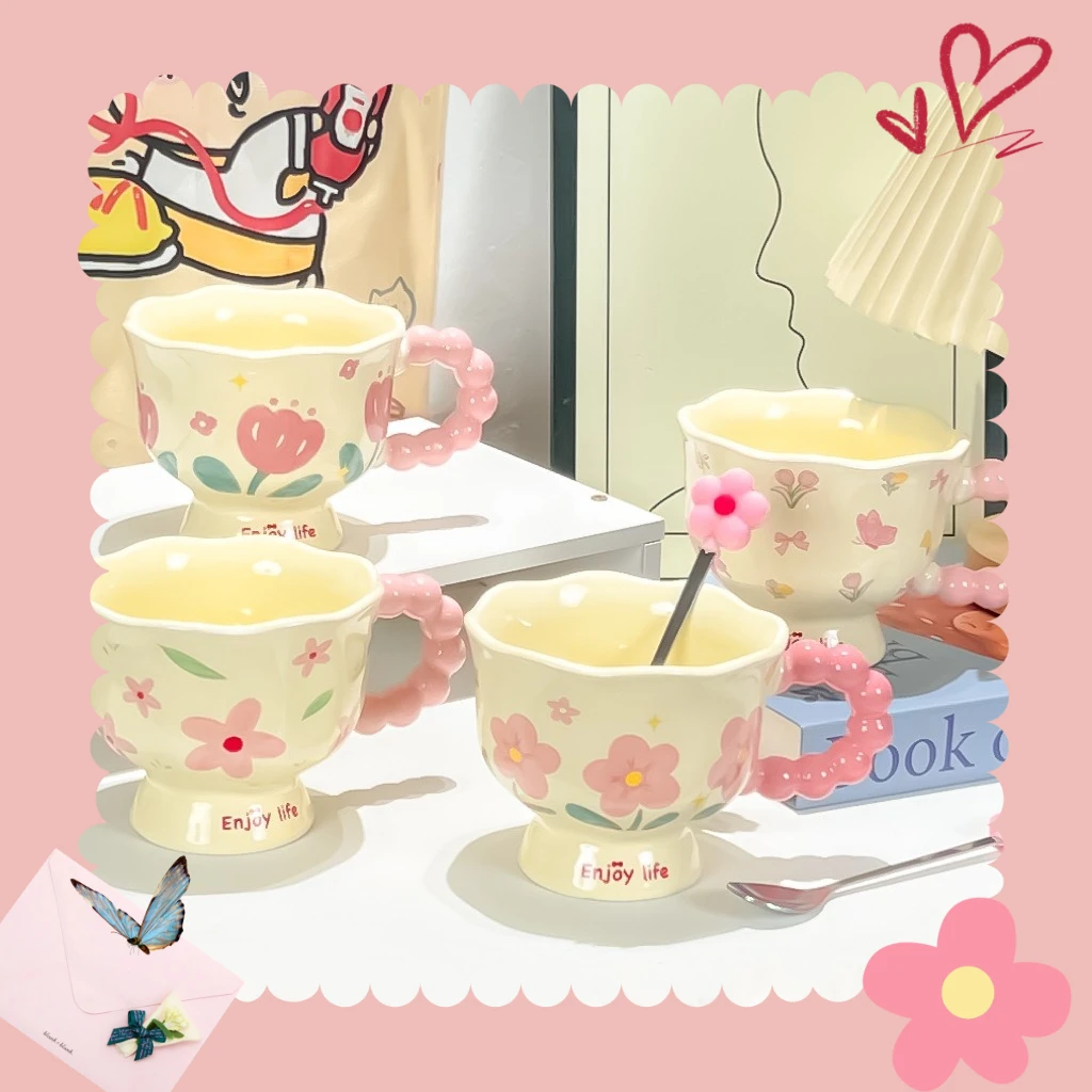 Flower Design Ceramic Coffee Mug with Spoon - أكوا...