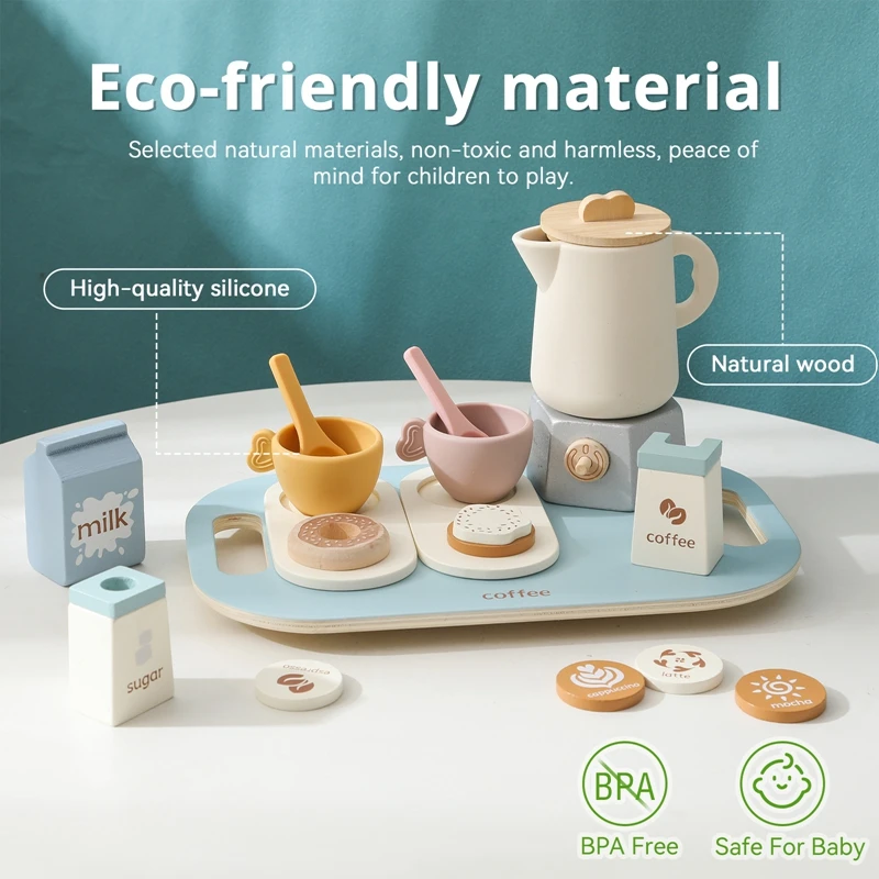 Wooden Afternoon Tea Set Toy Pretend Play Coffee Learning Role Play Game Girls Boys Gifts Early Educational Toys for Toddlers 2