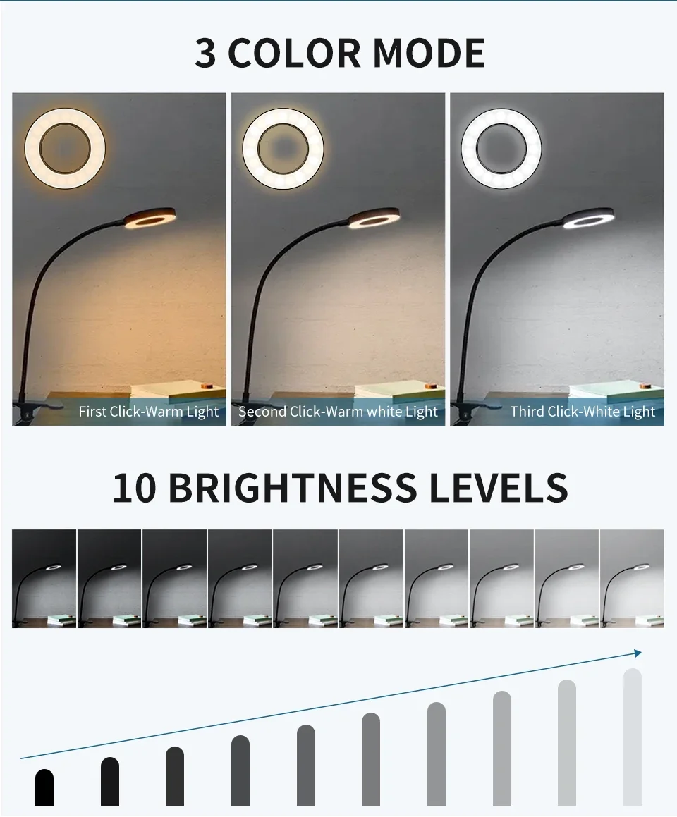 Description Picture 4 of itemDimmable Led Book Light Desk Table Lamp USB DC 5V Flexible Hose with Chatter Adjustable for Reading Bedroom Office Photo PC Live