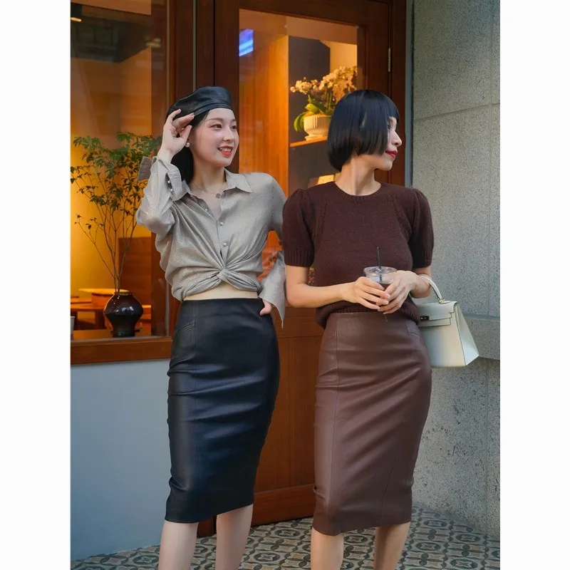 Women's High Waist Leather Skirt mid Length Back Slit Tight Fit Sexy Package Hip Elastic Half Skirt for Trendy Fashion