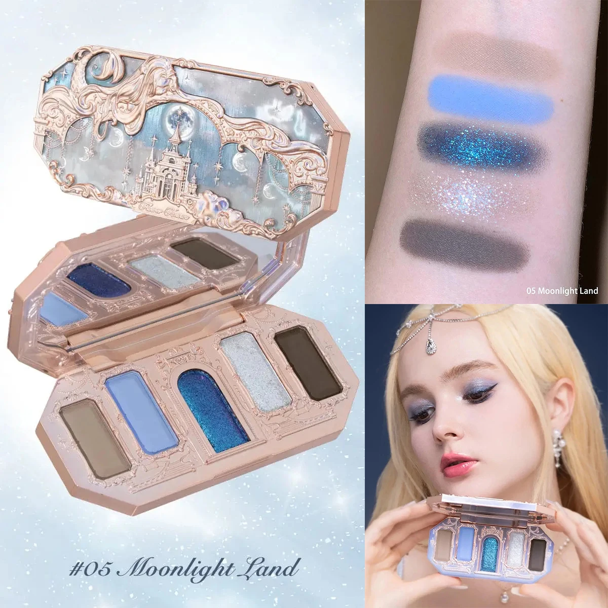 Eye Shadow Flower Knows Moonlight Mermaid Eyeshadow Palette Matte Glow Shimmer Waterproof 5 Color Highly Pigmented Vegan