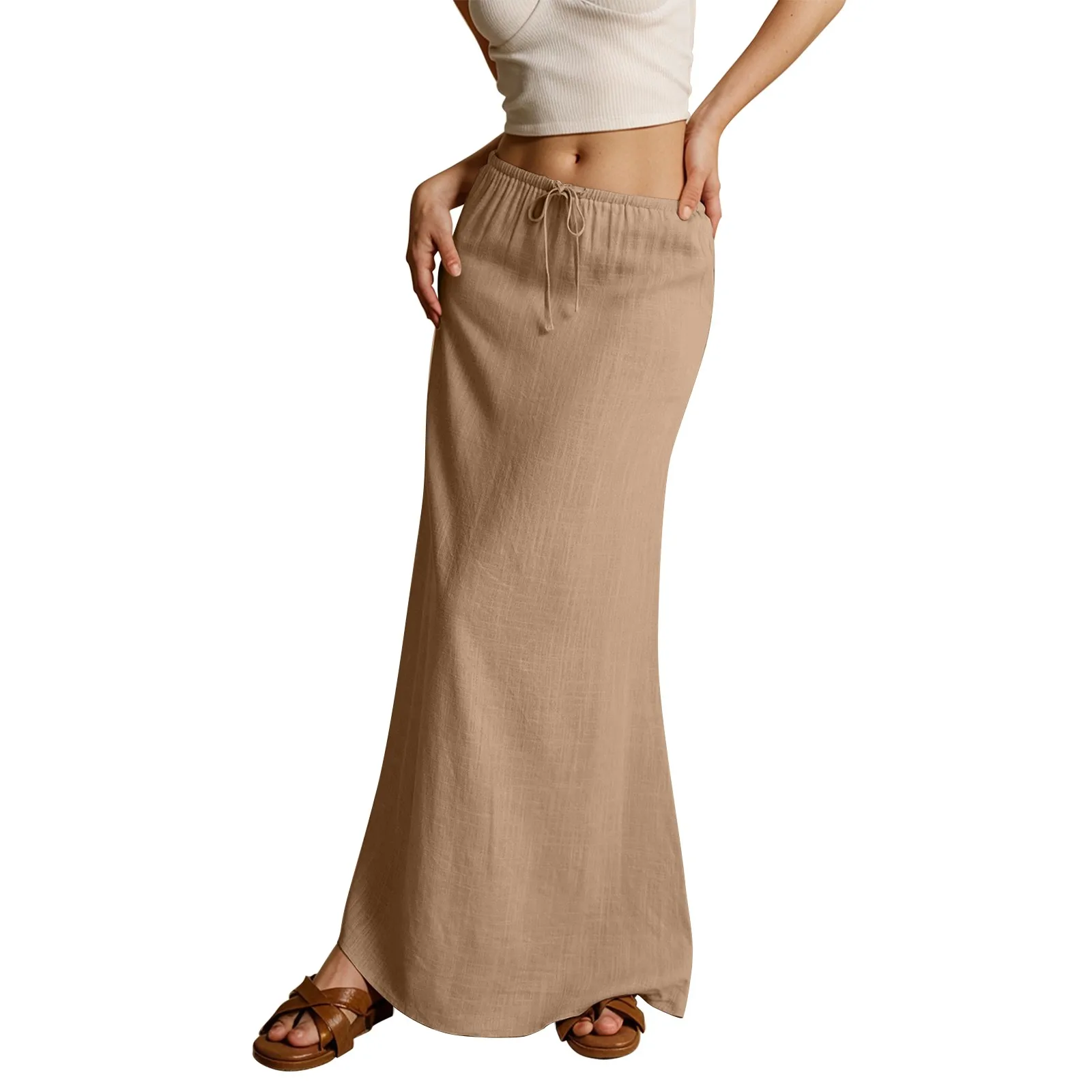 Women's Basic Versatile Drawstring Low Waist A Line Casual Skirts Sexy Tight Solid Color Bodycon Long Maxi Skirts
