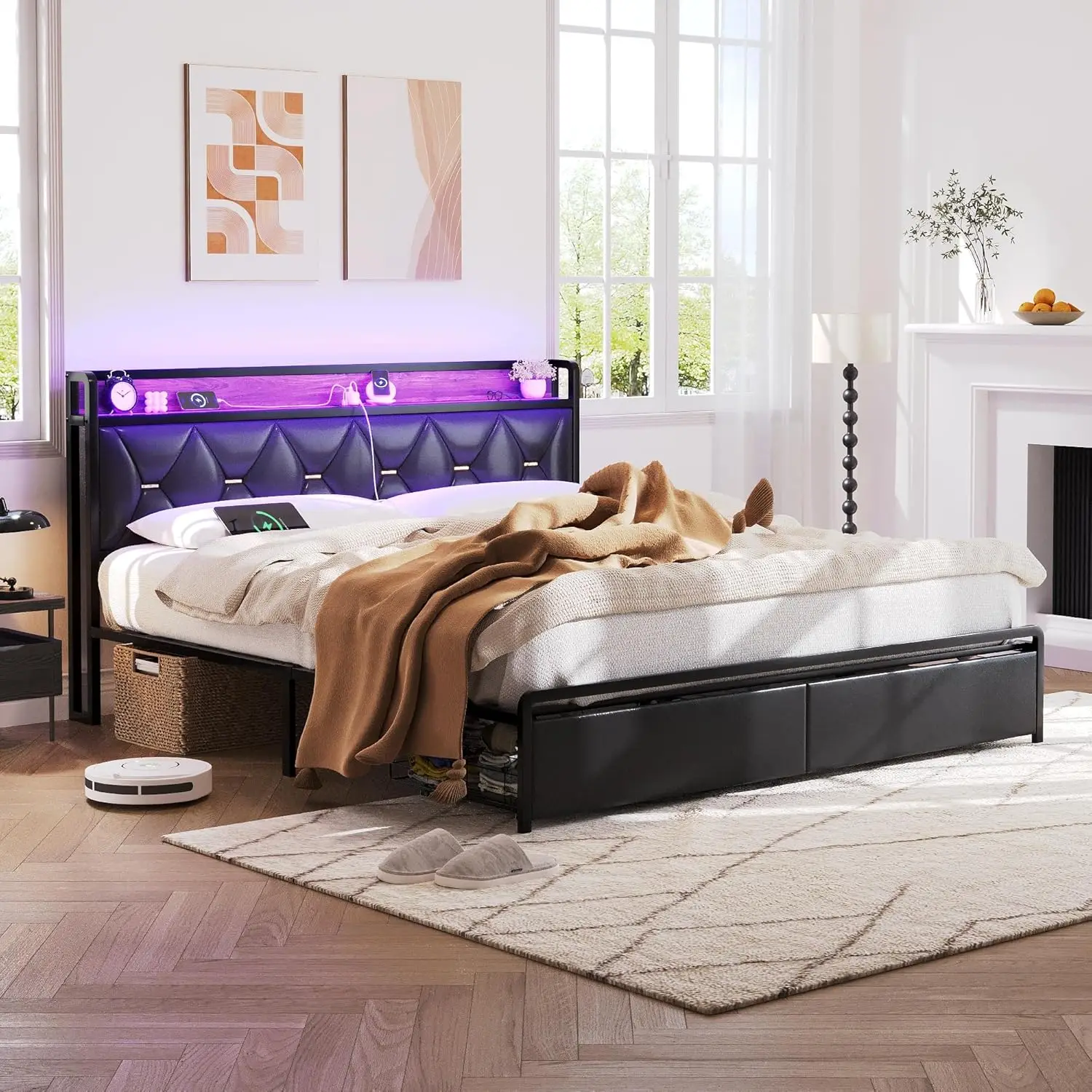 King Size Bed Frame with Headboard and Storage Drawers, Upholstered Black Platform Bed Frame with Storage Typ-C Charging Port 3