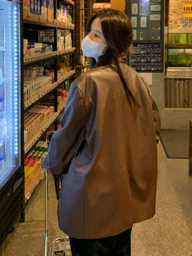 여성용 빈티지 단추 가죽 바이커 재킷, 한국 패션, 루즈 얇은 가죽 세트 블레이저, 여성 캐주얼 스트리트웨어, PU 시크 코트