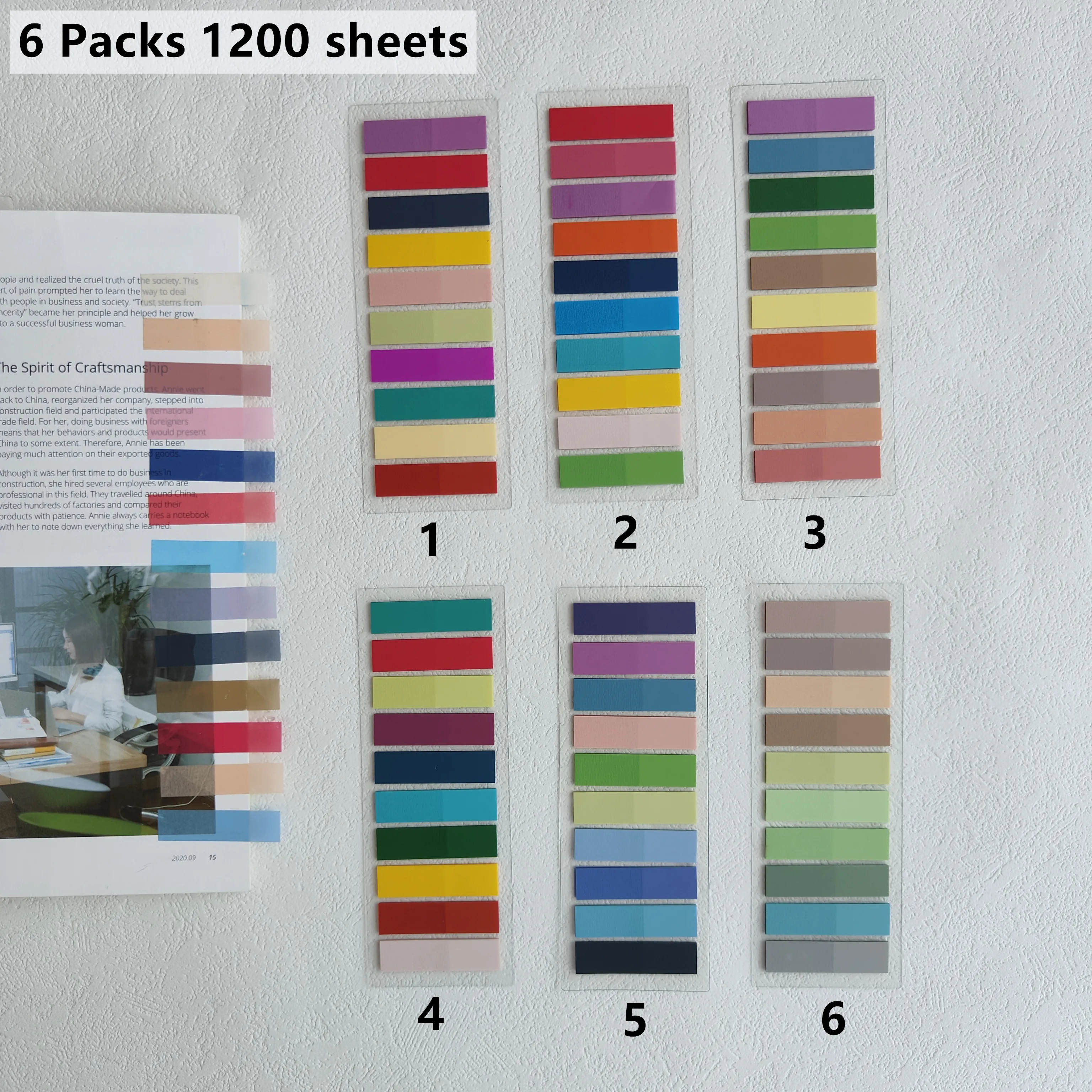 6Packs/1200 Sheets Morandi Transparent Fluorescent Index Tabs PET Arrow Flags Sticky Note for page Marker Planner Sticker Office 2