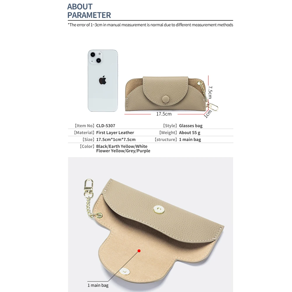 Genuine Leather Artistic Glasses Bag Sunglasses  Storage Bag High-grade Sense Ins Ultra-thin Portable Chain Glasses Bag Black