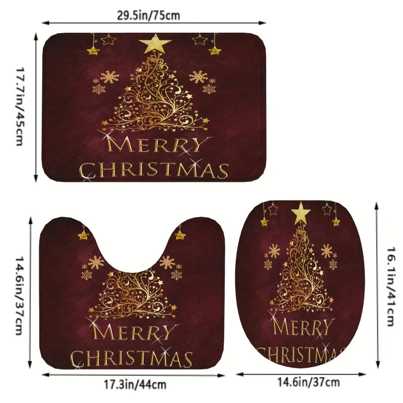 3-piece non slip christmas happy pattern bathroom mat set, bathtub carpet, toilet U-shaped mat, toilet cover, bathroom decoratio